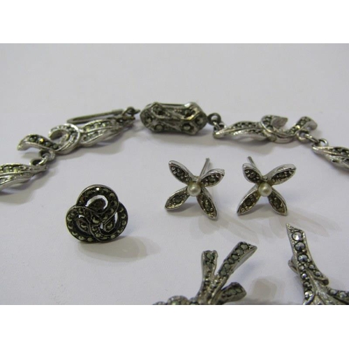 278 - MARCASITE JEWELLERY, marcasite necklace, 2 brooches, together with odd earrings