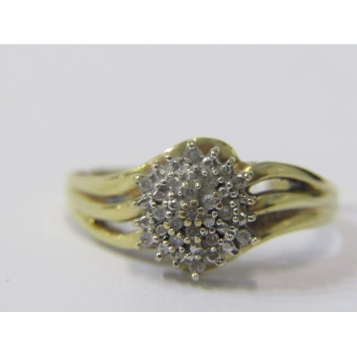 280 - DIAMOND CLUSTER RING, 10ct yellow gold ring, set a domed cluster of diamonds, size O