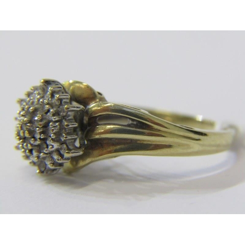 280 - DIAMOND CLUSTER RING, 10ct yellow gold ring, set a domed cluster of diamonds, size O