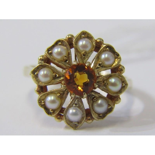 283A - PEARL DRESS RING, 9ct yellow gold dress ring, set a central yellow stone, possibly topaz, surrounded... 