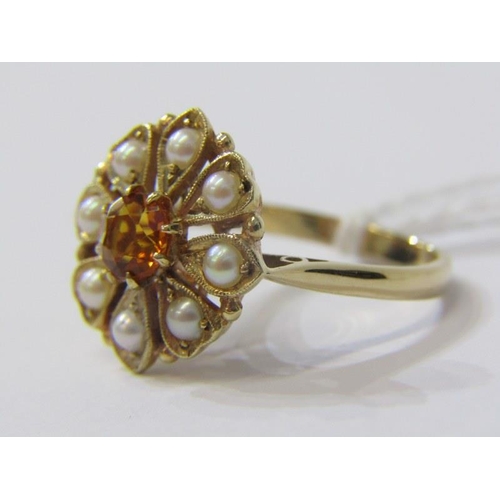 283A - PEARL DRESS RING, 9ct yellow gold dress ring, set a central yellow stone, possibly topaz, surrounded... 