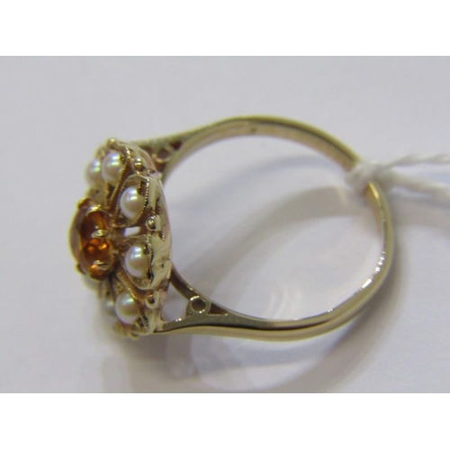 283A - PEARL DRESS RING, 9ct yellow gold dress ring, set a central yellow stone, possibly topaz, surrounded... 