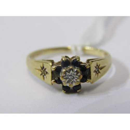 284 - SAPPHIRE & DIAMOND RING, 9ct yellow gold ring, set a central diamond, surrounded by a cluster of sap... 