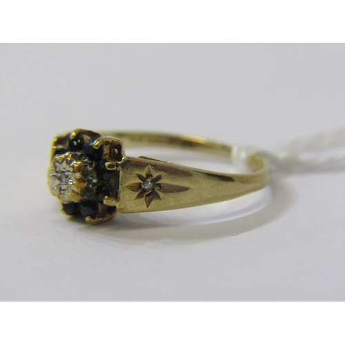 284 - SAPPHIRE & DIAMOND RING, 9ct yellow gold ring, set a central diamond, surrounded by a cluster of sap... 