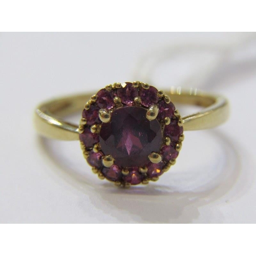 294 - AMETHYST CLUSTER RING, 9ct yellow gold ring, set a circular amethyst, within a cluster of further am... 