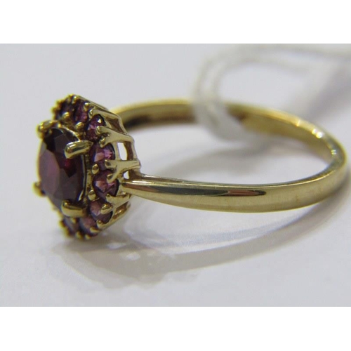 294 - AMETHYST CLUSTER RING, 9ct yellow gold ring, set a circular amethyst, within a cluster of further am... 