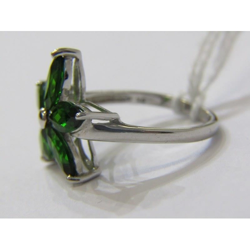 296 - DIOPSIDE RING, 9ct white gold ring, set 5 lozenge form stones in a flower setting, size N/O