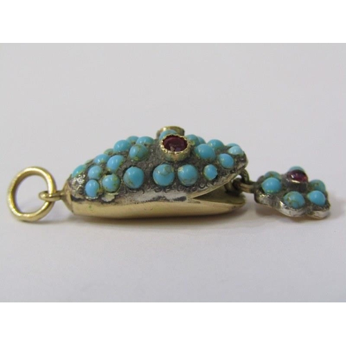 297 - ANTIQUE PENDANT, turquoise and ruby stoneset pendant in the form of a snake head with flower, on a h... 