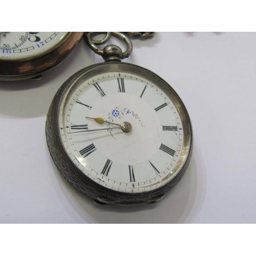 299 - POCKET WATCHES, lady's silver cased key wind pocket watch with foliate engraved decoration on plated... 