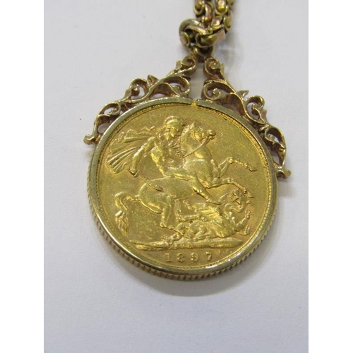 300 - GOLD SOVEREIGN PENDANT, 1897 Queen Victoria gold sovereign in 9ct gold mount on a fancy link necklac... 