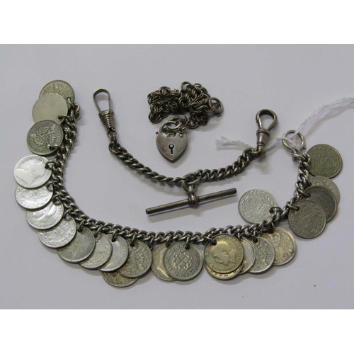 302 - SILVER JEWELLERY,  a small silver double Albert with T-bar, a silver threepenny bit coin bracelet so... 