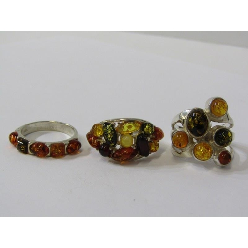 308 - SILVER STONE SET RINGS, 3 silver rings set with multiple stone in organic style, various sizes