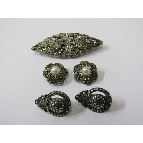 309 - SILVER & MARCASITE JEWELLERY, floral and converter brooches, together 3 pairs of assorted earrings, ... 