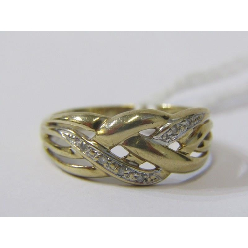 312 - GOLD ROPE DESIGN RING, 9ct yellow gold rope design ring, decorated with diamonds, size Q