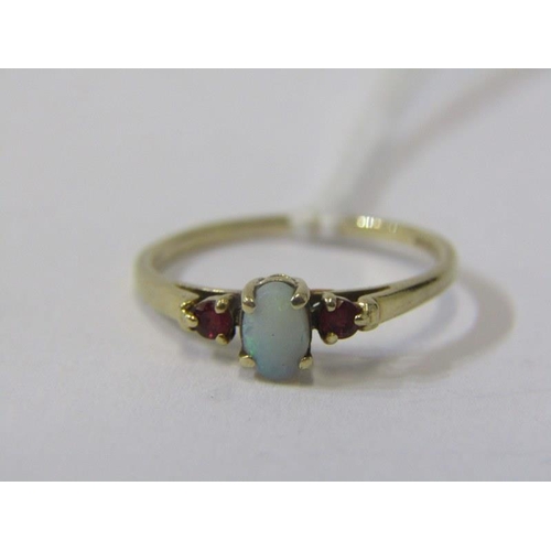 321 - OPAL RUBY RING, 9ct yellow gold ring, set with oval cabochon opal with ruby to either side, size I