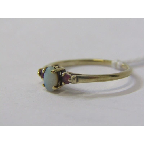 321 - OPAL RUBY RING, 9ct yellow gold ring, set with oval cabochon opal with ruby to either side, size I