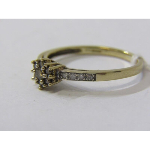 331 - DIAMOND CLUSTER RING, 9ct yellow gold ring, set with a cluster of diamonds, with diamond shoulders, ... 