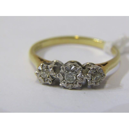 334 - 3 STONE DIAMOND RING, 18ct yellow gold & platinum set 3 stone diamond ring, size R