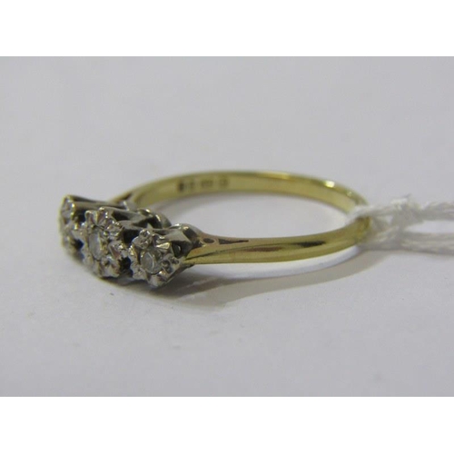 334 - 3 STONE DIAMOND RING, 18ct yellow gold & platinum set 3 stone diamond ring, size R