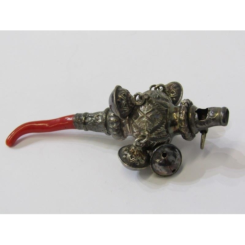 335 - VICTORIAN CHILDS SILVER RATTLE, a silver whistle/rattle with a coral teether, Birmingham HM, 9cm len... 