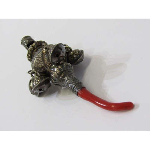 335 - VICTORIAN CHILDS SILVER RATTLE, a silver whistle/rattle with a coral teether, Birmingham HM, 9cm len... 