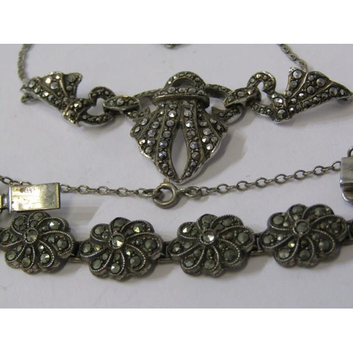 337 - SILVER & MARCASITE JEWELLERY, a silver & marcasite necklace on fine link chain, together with a simi... 