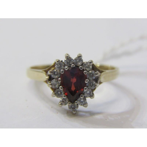 340 - GARNET CLUSTER RING, 9ct yellow gold ring set a pear shaped garnet in a cluster, size N