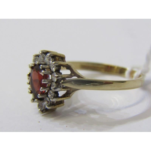 340 - GARNET CLUSTER RING, 9ct yellow gold ring set a pear shaped garnet in a cluster, size N