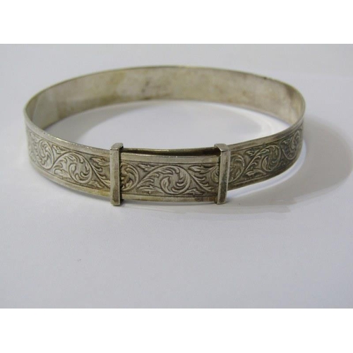 347 - SILVER BANGLES, hinged silver bangle with foliate decoration, an expanding silver bangle together wi... 