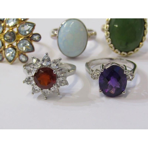 349 - 5 SILVER RINGS, 5 silver and silver gilt stone set rings, various sizes and designs