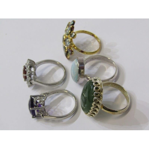 349 - 5 SILVER RINGS, 5 silver and silver gilt stone set rings, various sizes and designs