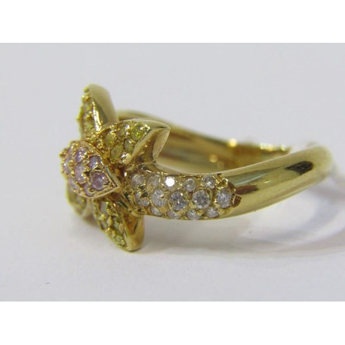 351 - DIAMOND ENCRUSTED RING, 18ct yellow gold yellow and clear diamond cluster ring, size K/L