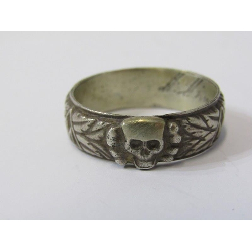 359 - GERMAN SILVER RING, decorated scull and other emblems, size Z3, also a silver mounted boar's tooth o... 