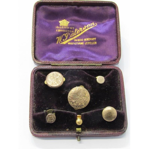 360 - GOLD COLLAR STUDS, collar stud set retailed by W Patterson with engraved decoration, gold and plated... 