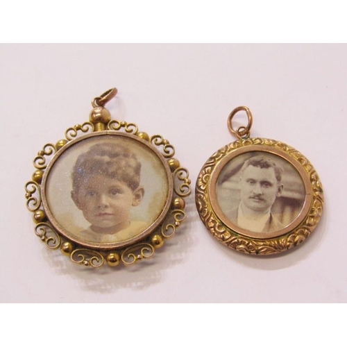 362 - VICTORIAN PICTURE LOCKETS, 9ct gold circular picture locket, together with 1 other similar circular ... 