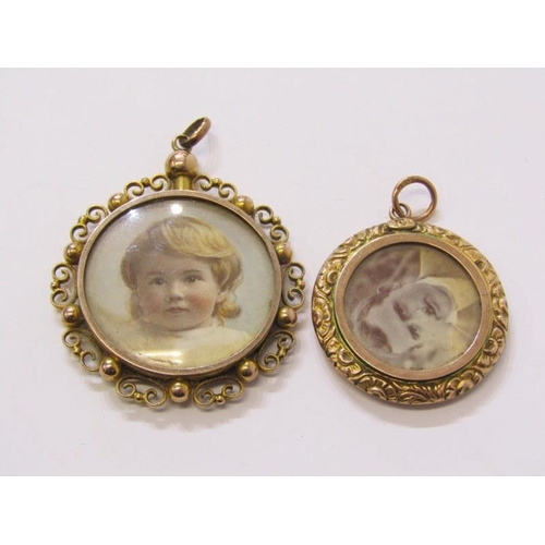 362 - VICTORIAN PICTURE LOCKETS, 9ct gold circular picture locket, together with 1 other similar circular ... 