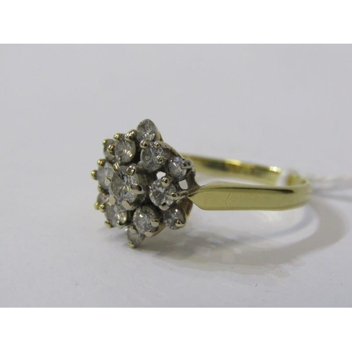 363 - DIAMOND CLUSTER RING, 18ct yellow gold ring, set 13 diamonds, approx. 0.7ct, size T