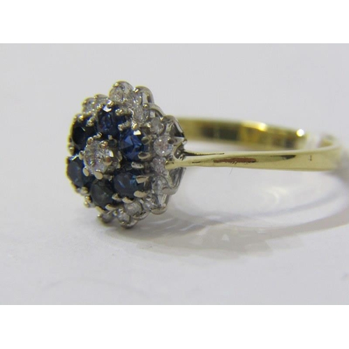 374 - DIAMOND & SAPPHIRE CLUSTER RING, 18ct yellow gold set a central diamond, surrounded by 6 sapphires a... 