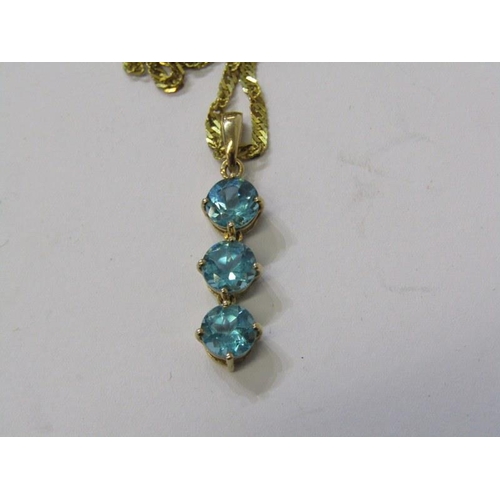 376 - GOLD PENDANT on NECKLACE, 9ct gold pendant set 3 stones, possibly blue topaz, on a fancy 9ct gold 24... 