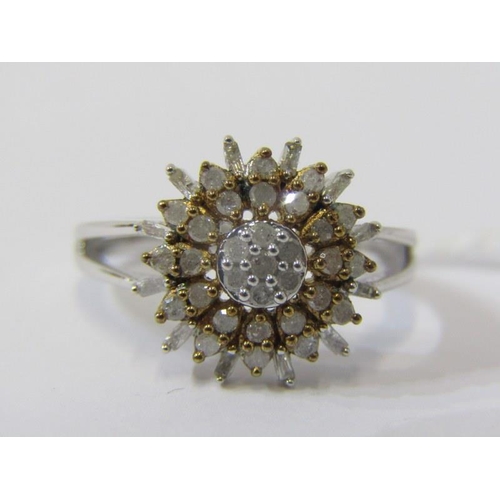 378 - DIAMOND CLUSTER RING, fancy diamond cluster ring on a silver band, size J