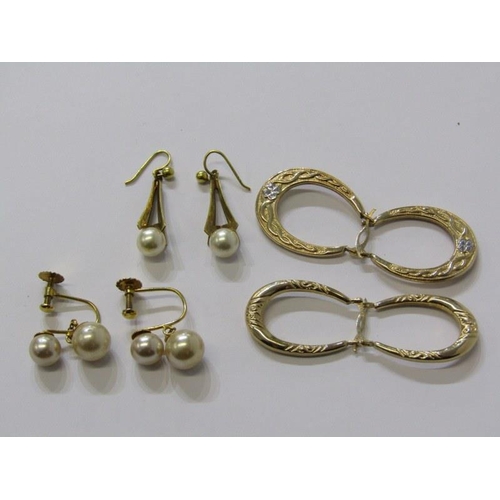 381 - 9ct GOLD EARRINGS, 4 pairs of gold earrings, 2 half hoop earrings and 2 pairs of pearl set earrings,... 