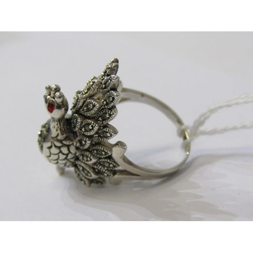 393 - SILVER PEACOCK RING, with stoneset eye, size N, also a pair of blue and white stone check design ear... 