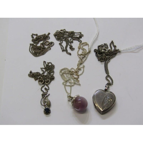 394 - SILVER CHAINS, 5 silver necklaces, 1 with silver locket, 2 others with stoneset pendants, 5 in total