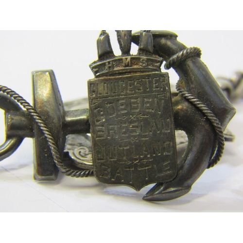 398 - JUTLAND INTEREST SILVER BROOCH, HMS Gloucester anchor form brooch with Jutland inscription together ... 