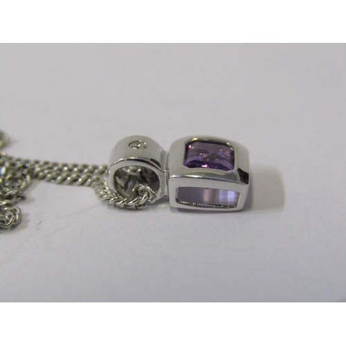 399 - AMETHYST & DIAMOND PENDANT, 9ct white gold amethyst and diamond pendant on a fine link white gold 16... 