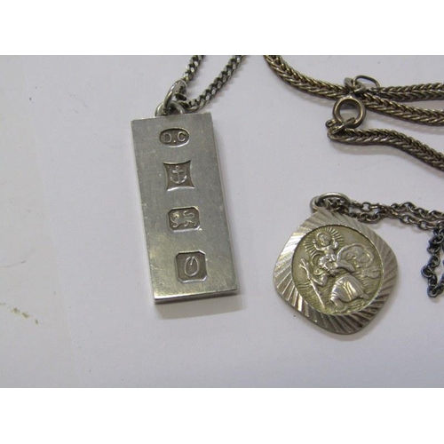 400A - 4 SILVER NECKLACES, silver St Christopher on a fine link necklace, silver ingot on 19