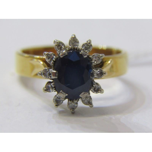 401 - SAPPHIRE & DIAMOND CLUSTER RING, 18ct yellow gold ring, set a large oval sapphire, set a cluster of ... 