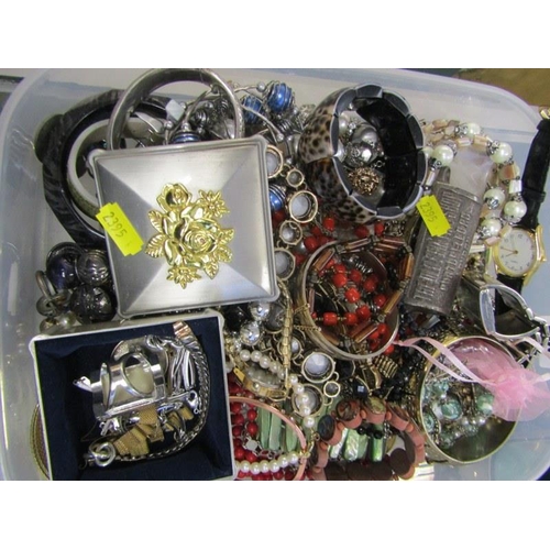 405 - COSTUME JEWELLERY, plastic crate containing a selection of bead necklaces, assorted bangles, dress w... 