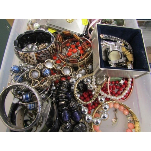 405 - COSTUME JEWELLERY, plastic crate containing a selection of bead necklaces, assorted bangles, dress w... 