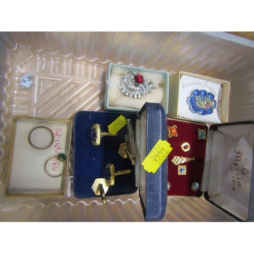 406 - COSTUME JEWELLERY, selection of brooches, stone set tie pins, cuff links and 2 rings